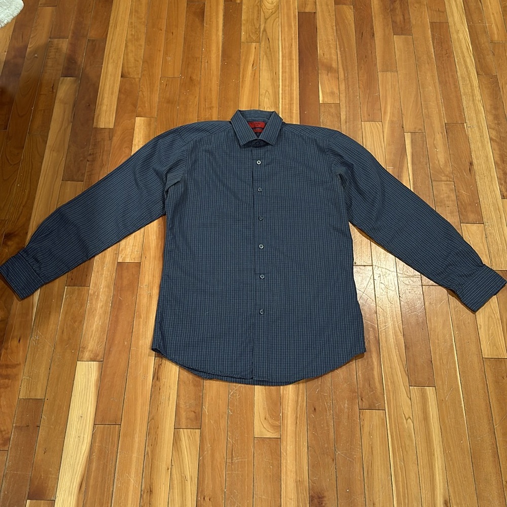 Alfani- Men’s Fitted Navy Checkered Button-Down Dress Shirt,  Size 14.5, 32/33